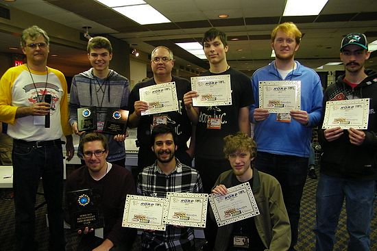 Awards ceremony\nFront row, Zach Dixon, Nico Paris, Dylan Boyer\nBack row, Chris Olin, Warren Purvin, Steve Savage, William Baer, Scott Johnston, and Caleb Pflyeger